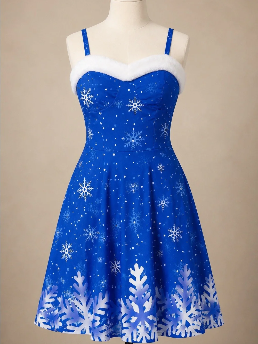 Blue Snowflake Faux Fur Trim Christmas Winter Dress Size Medium